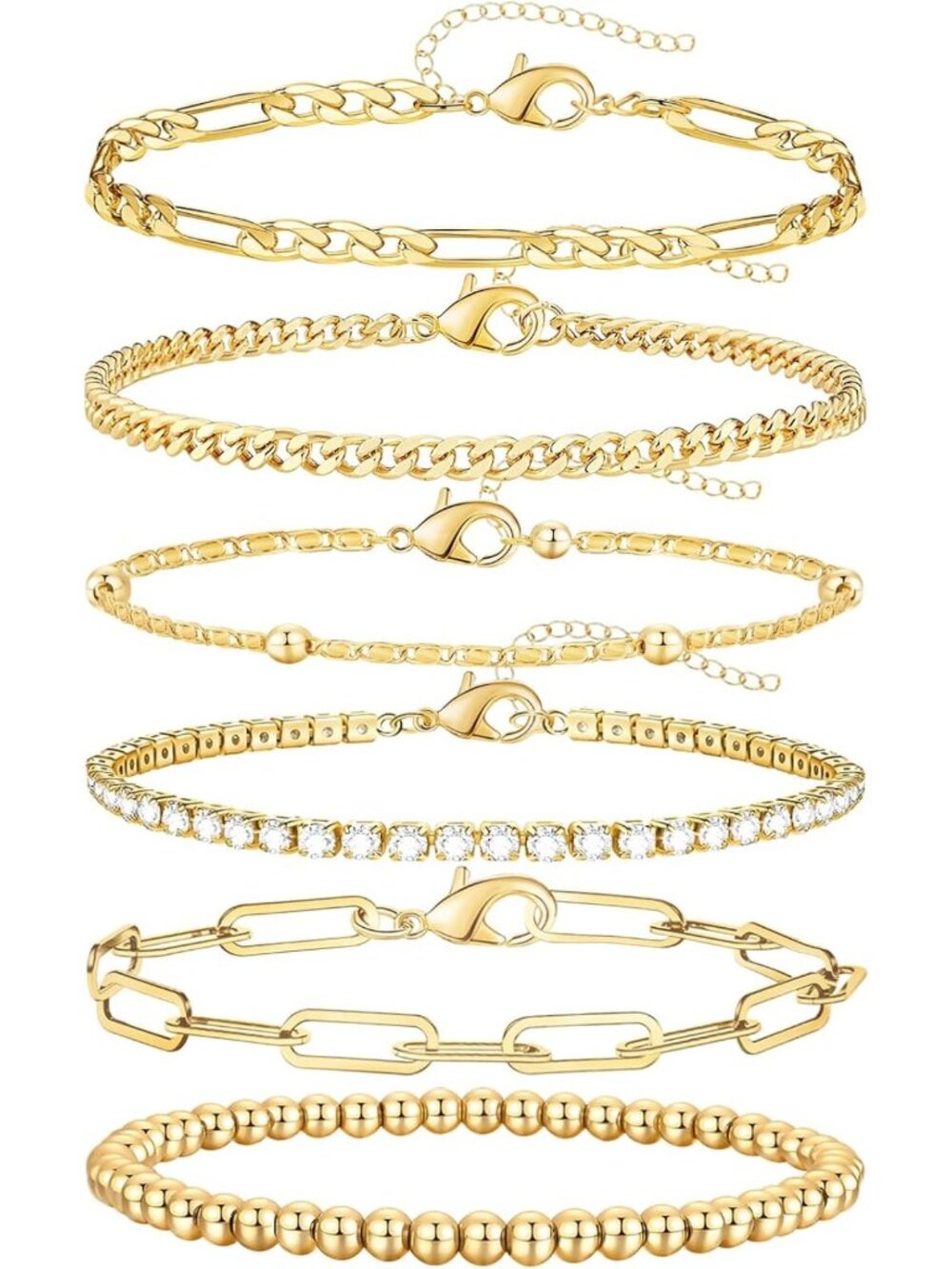 14K Gold Plated Stackable Charm Bracelets Set - Adjustable Waterproof Layered